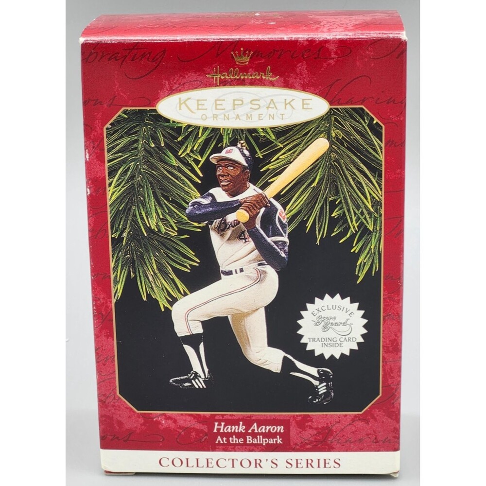 1997 Hallmark Hank Aaron At The Ballpark Christmas Tree Ornament & Trading Card